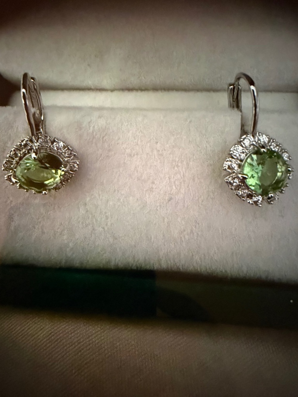Peridot and White Sapphire Halo Earrings: 14kt White Gold/Silver